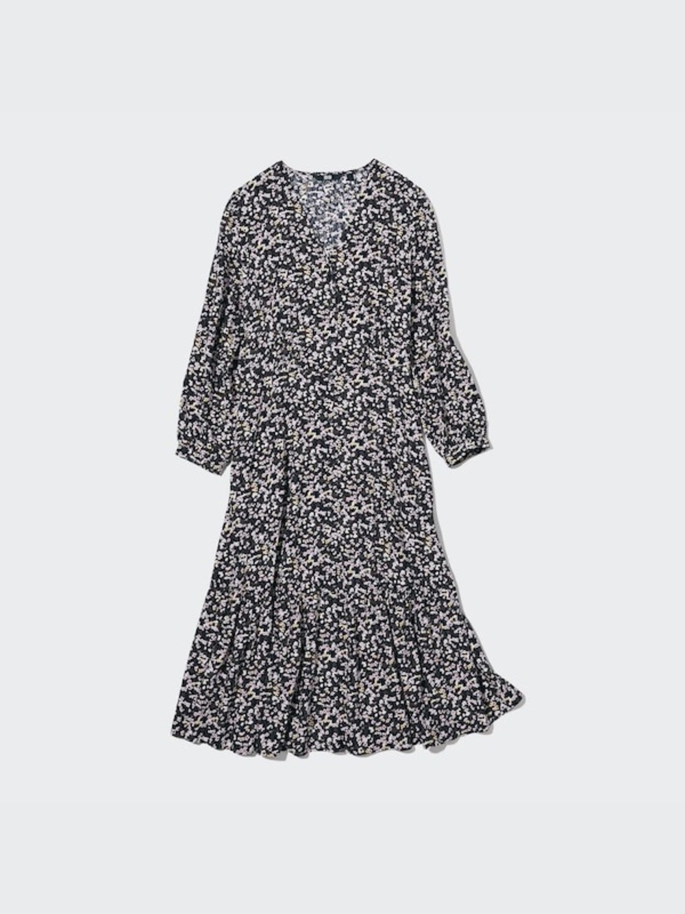 Uniqlo Rayon Floral Midi Dress Black Pink Tie Waist V Neck Button Front Small - Picture 4 of 16